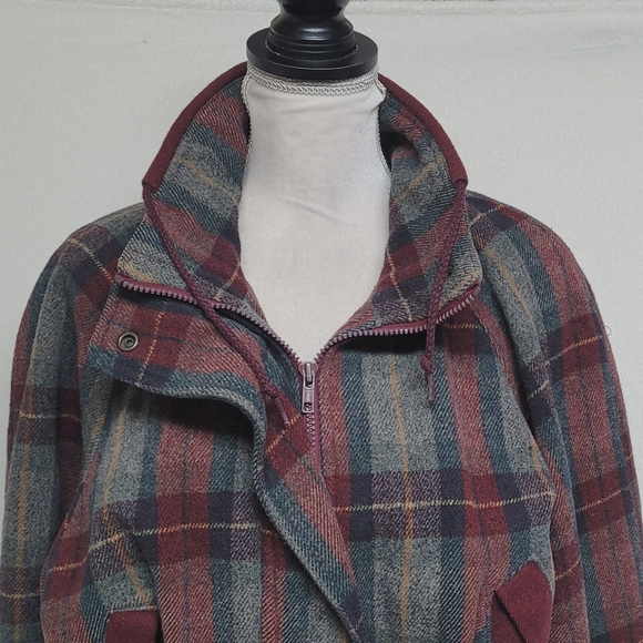 Out Brook Vintage 90s Marron Gray Plaid Wool Blend Tie-Waist Anorak Jacket S - Picture 3 of 15
